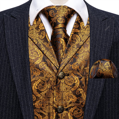 Golden Brown Paisley Metal Button Jacquard Silk Vest Set vest set    - Sophisticated Gentlemen