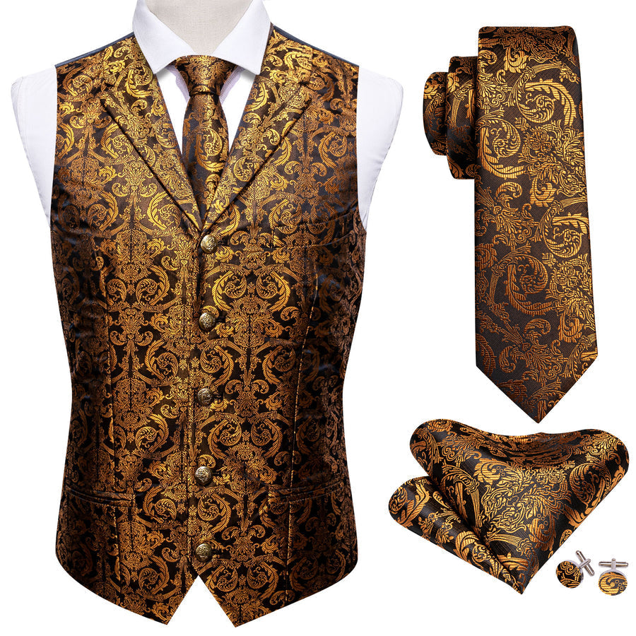 Golden Brown Paisley Metal Button Jacquard Silk Vest Set vest set    - Sophisticated Gentlemen