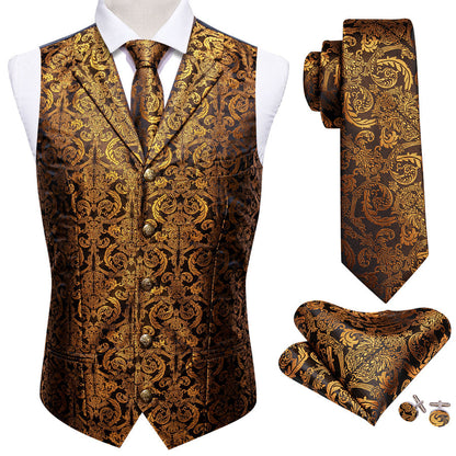 Golden Brown Paisley Metal Button Jacquard Silk Vest Set vest set    - Sophisticated Gentlemen