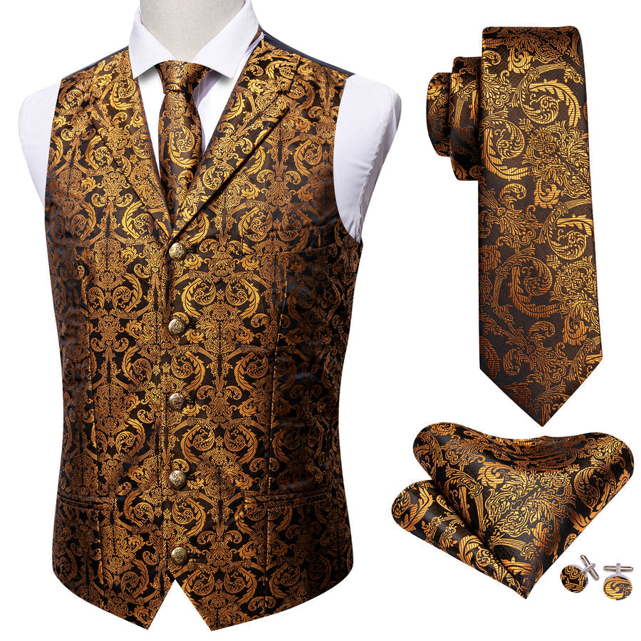 Golden Brown Paisley Metal Button Jacquard Silk Vest Set vest set    - Sophisticated Gentlemen
