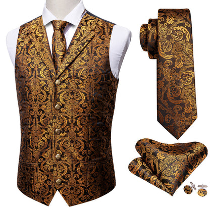 Golden Brown Paisley Metal Button Jacquard Silk Vest Set vest set    - Sophisticated Gentlemen