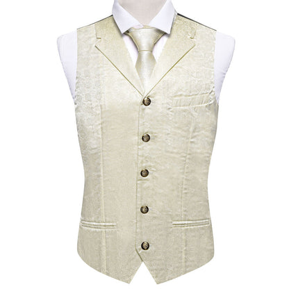 Beige White Champagne Floral Collar Jacquard Silk Vest Set vest set    - Sophisticated Gentlemen