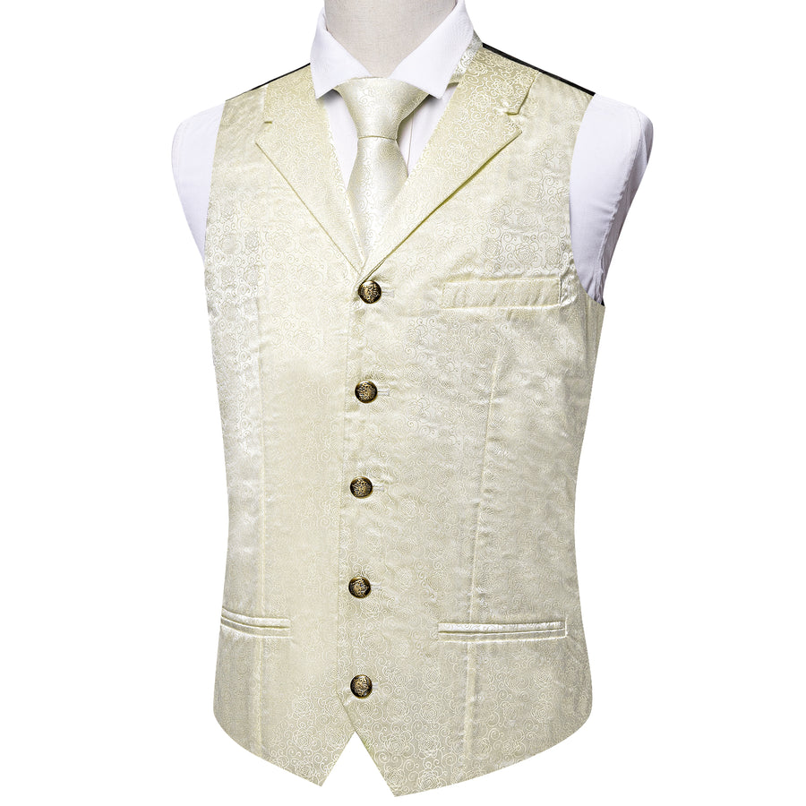 Beige White Champagne Floral Collar Jacquard Silk Vest Set vest set    - Sophisticated Gentlemen