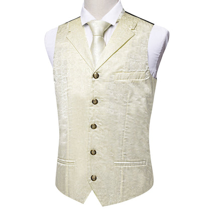 Beige White Champagne Floral Collar Jacquard Silk Vest Set vest set    - Sophisticated Gentlemen
