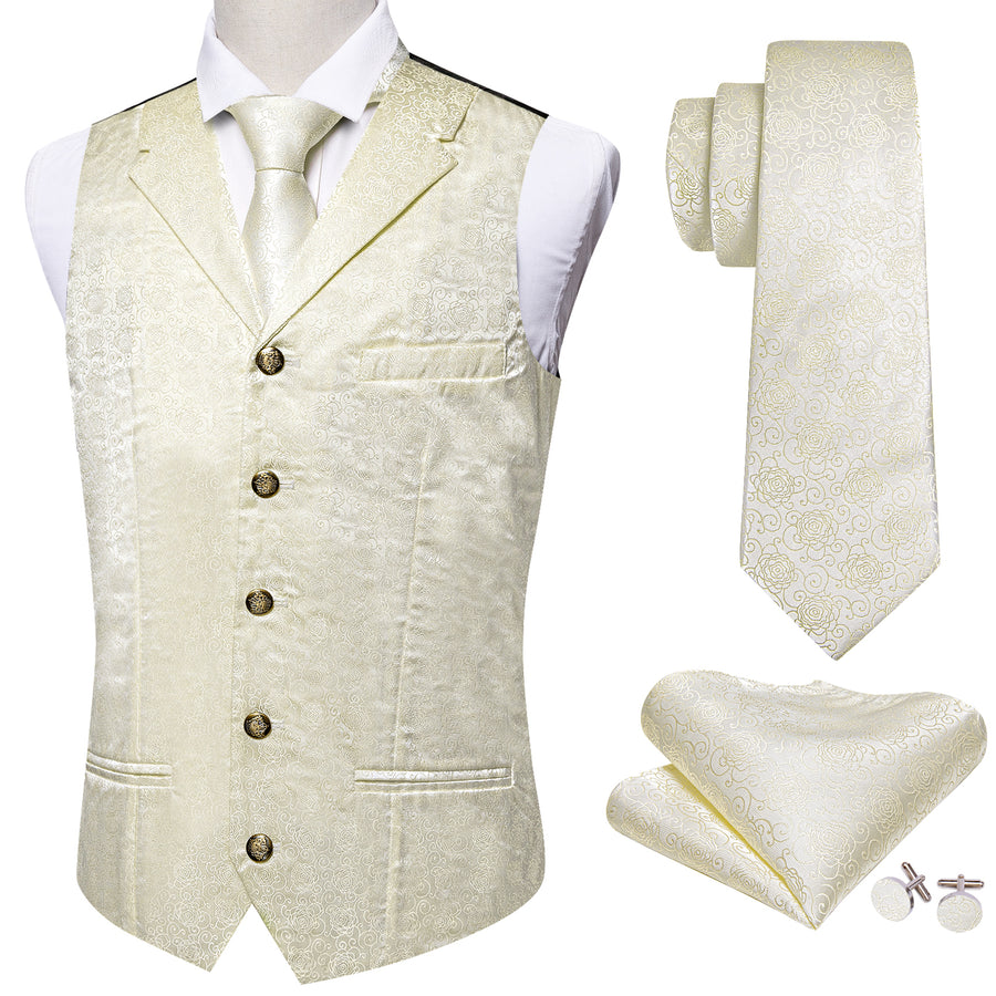Beige White Champagne Floral Collar Jacquard Silk Vest Set vest set    - Sophisticated Gentlemen