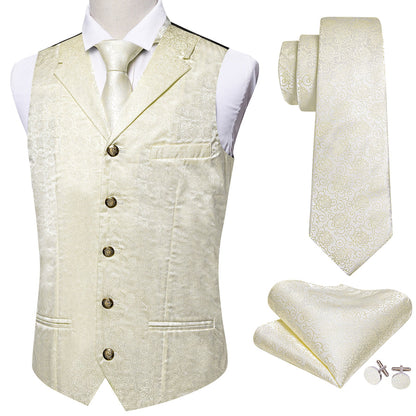 Beige White Champagne Floral Collar Jacquard Silk Vest Set vest set    - Sophisticated Gentlemen