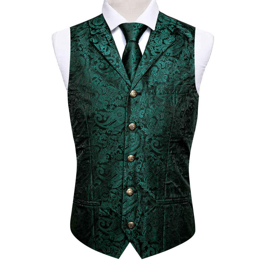 Dark Green Paisley Silk Vest Set with Metal Buttons vest set    - Sophisticated Gentlemen