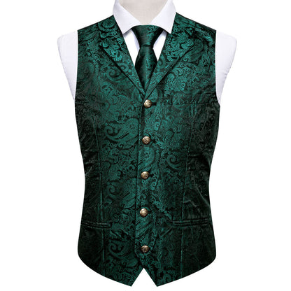 Dark Green Paisley Silk Vest Set with Metal Buttons vest set    - Sophisticated Gentlemen