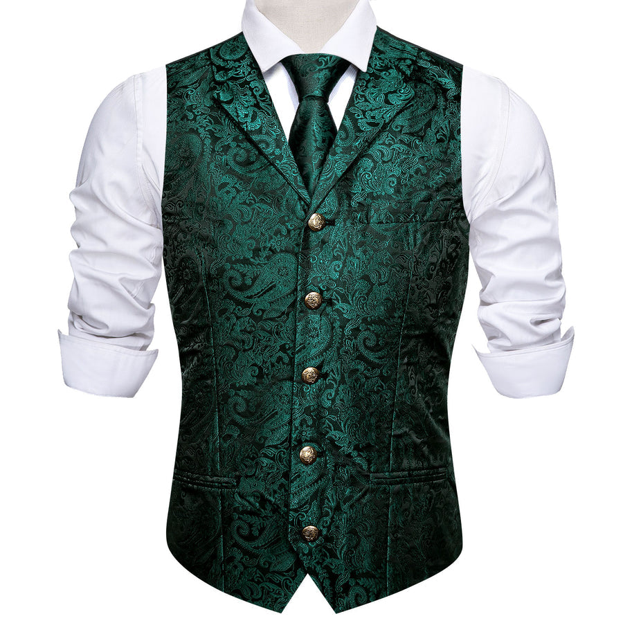 Dark Green Paisley Silk Vest Set with Metal Buttons vest set    - Sophisticated Gentlemen