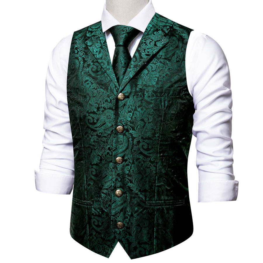 Dark Green Paisley Silk Vest Set with Metal Buttons vest set    - Sophisticated Gentlemen