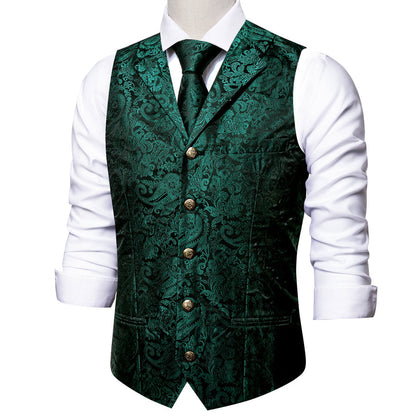 Dark Green Paisley Silk Vest Set with Metal Buttons vest set    - Sophisticated Gentlemen