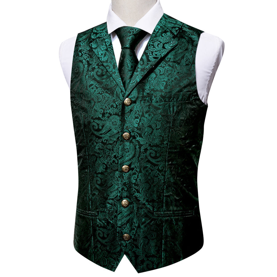 Dark Green Paisley Silk Vest Set with Metal Buttons vest set    - Sophisticated Gentlemen