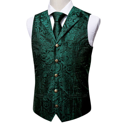 Dark Green Paisley Silk Vest Set with Metal Buttons vest set    - Sophisticated Gentlemen