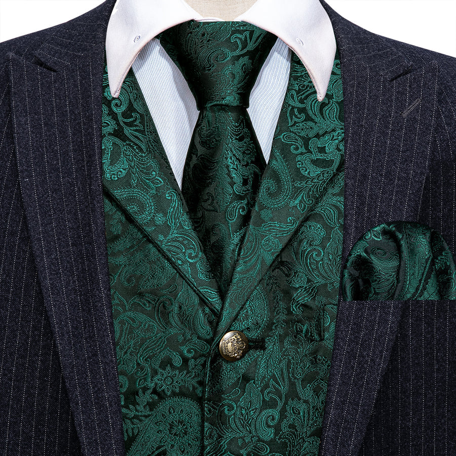 Dark Green Paisley Silk Vest Set with Metal Buttons vest set    - Sophisticated Gentlemen