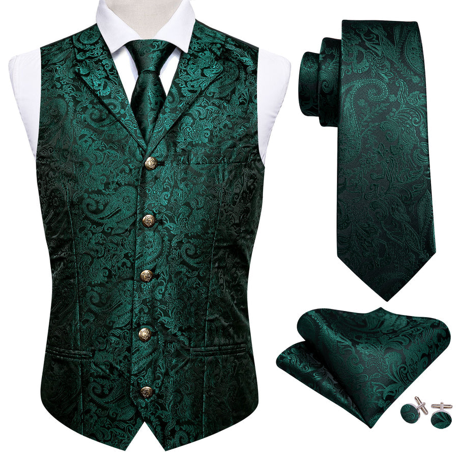 Dark Green Paisley Silk Vest Set with Metal Buttons vest set    - Sophisticated Gentlemen