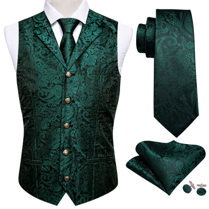 Dark Green Paisley Silk Vest Set with Metal Buttons vest set    - Sophisticated Gentlemen