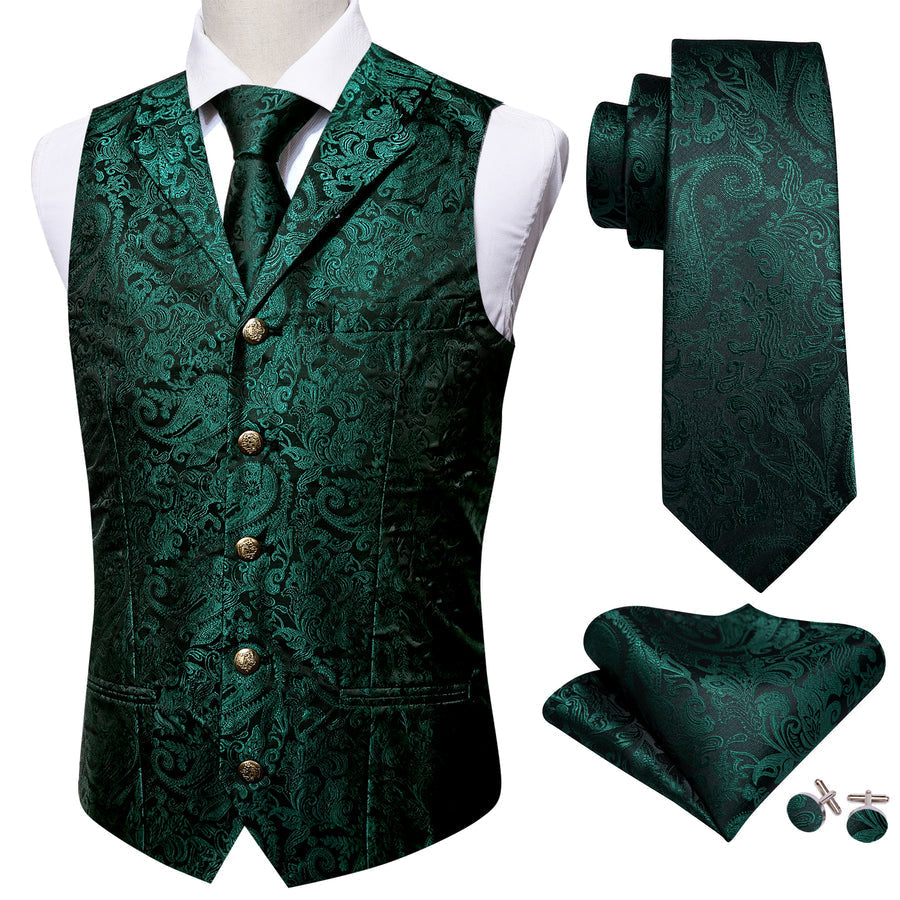 Dark Green Paisley Silk Vest Set with Metal Buttons vest set    - Sophisticated Gentlemen