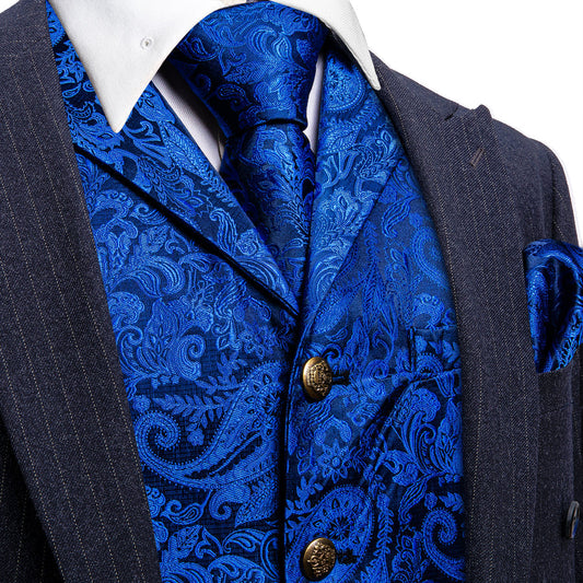Blue Paisley Metal Button Jacquard Silk Vest Set vest set S (Chest 40")   - Sophisticated Gentlemen