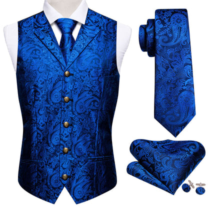 Blue Paisley Metal Button Jacquard Silk Vest Set vest set    - Sophisticated Gentlemen