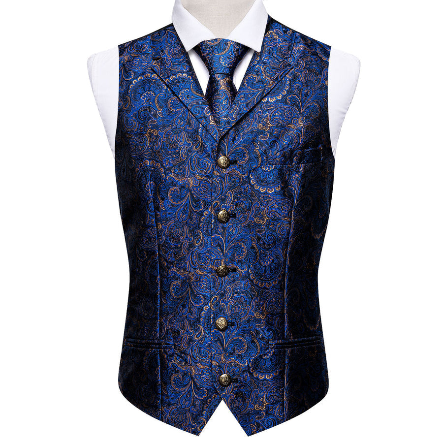 Royal Blue Paisley Metal Button Jacquard Silk Vest Set vest set    - Sophisticated Gentlemen