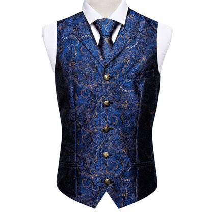 Royal Blue Paisley Metal Button Jacquard Silk Vest Set vest set    - Sophisticated Gentlemen