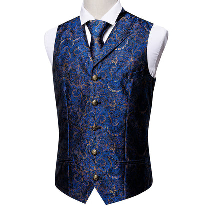 Royal Blue Paisley Metal Button Jacquard Silk Vest Set vest set    - Sophisticated Gentlemen