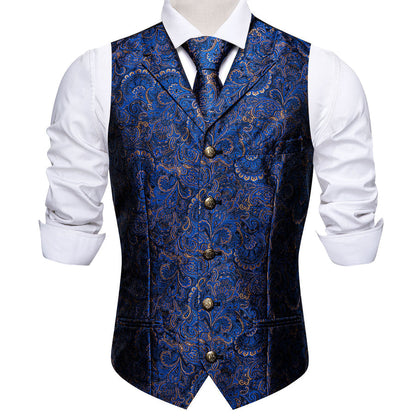 Royal Blue Paisley Metal Button Jacquard Silk Vest Set vest set    - Sophisticated Gentlemen