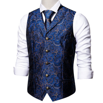 Royal Blue Paisley Metal Button Jacquard Silk Vest Set vest set    - Sophisticated Gentlemen