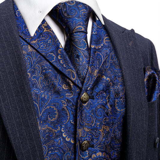 Royal Blue Paisley Metal Button Jacquard Silk Vest Set vest set S (Chest 40")   - Sophisticated Gentlemen