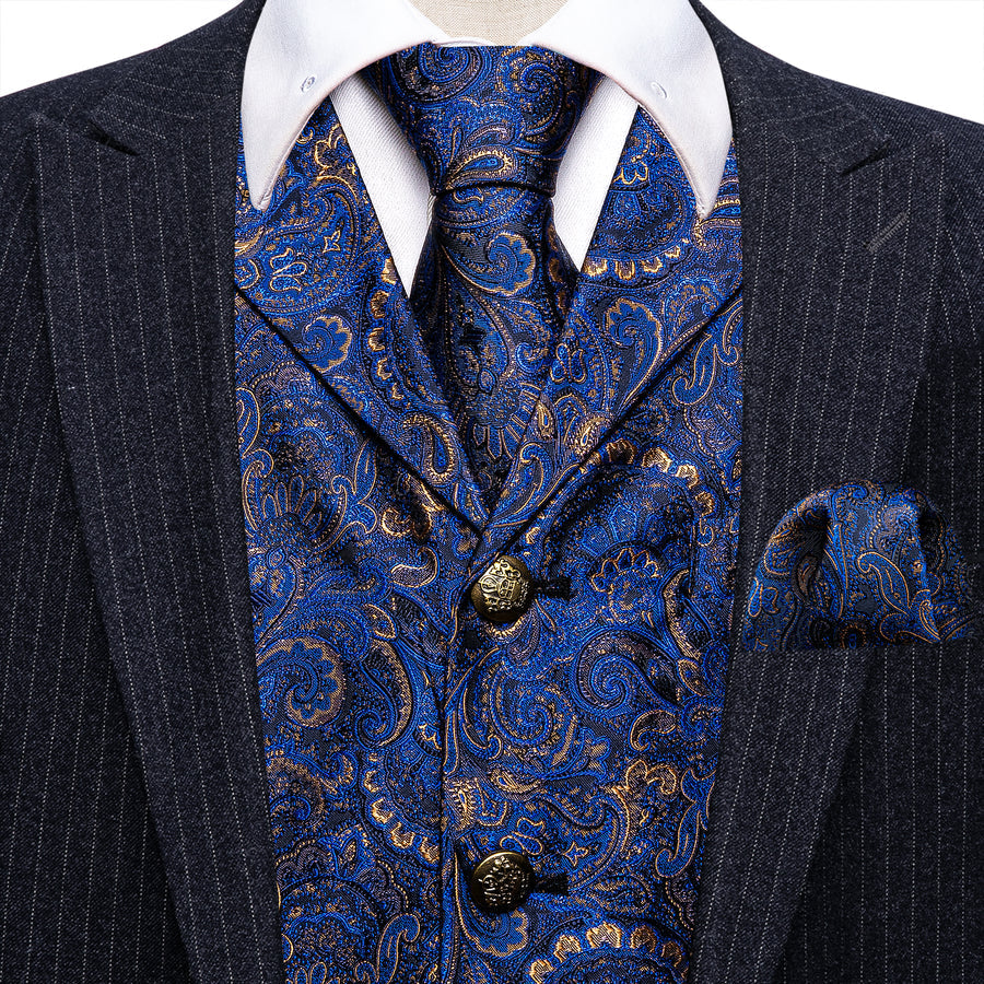 Royal Blue Paisley Metal Button Jacquard Silk Vest Set vest set    - Sophisticated Gentlemen