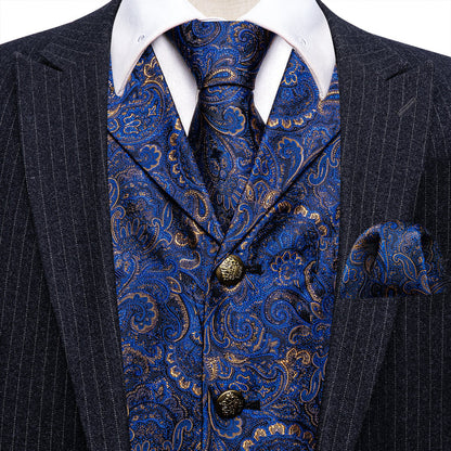 Royal Blue Paisley Metal Button Jacquard Silk Vest Set vest set    - Sophisticated Gentlemen