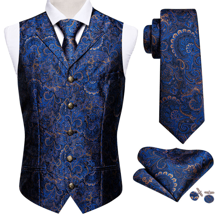 Royal Blue Paisley Metal Button Jacquard Silk Vest Set vest set    - Sophisticated Gentlemen