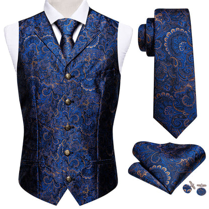 Royal Blue Paisley Metal Button Jacquard Silk Vest Set vest set    - Sophisticated Gentlemen