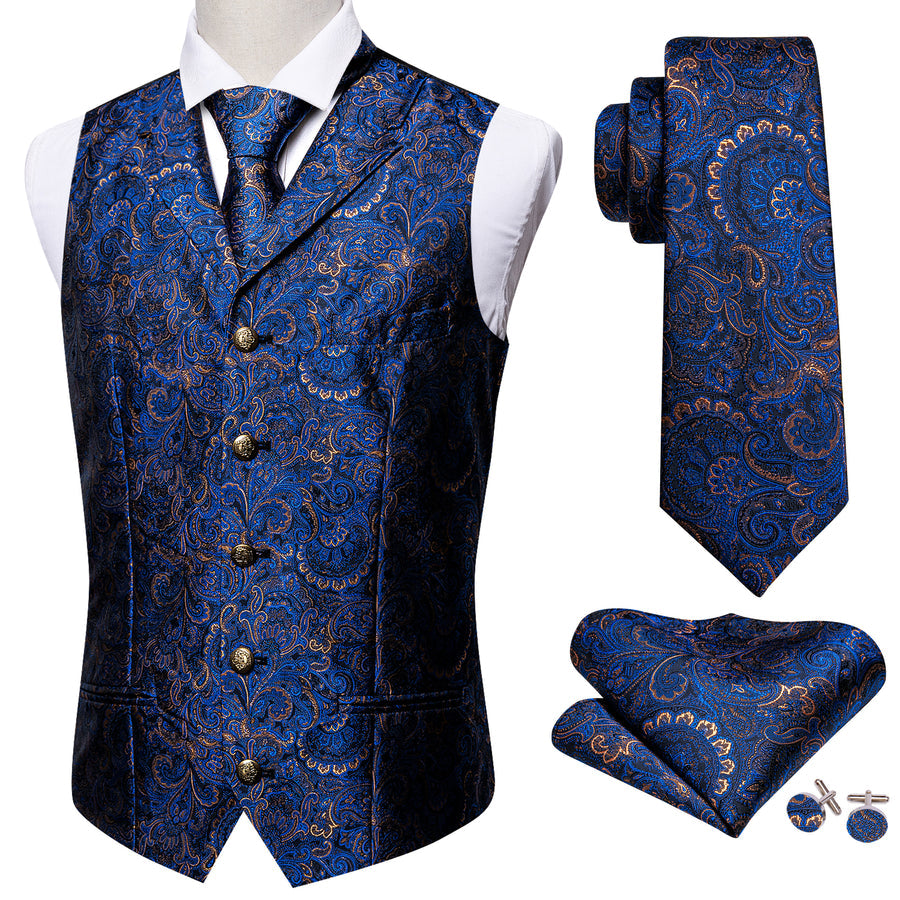 Royal Blue Paisley Metal Button Jacquard Silk Vest Set vest set    - Sophisticated Gentlemen