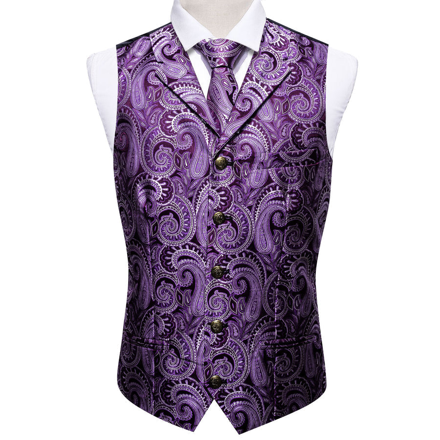 Purple White Paisley Metal Button Jacquard Silk Vest Set vest set    - Sophisticated Gentlemen
