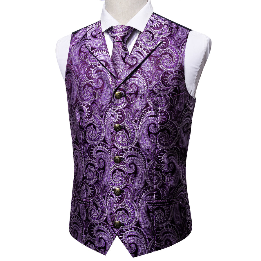 Purple White Paisley Metal Button Jacquard Silk Vest Set vest set    - Sophisticated Gentlemen