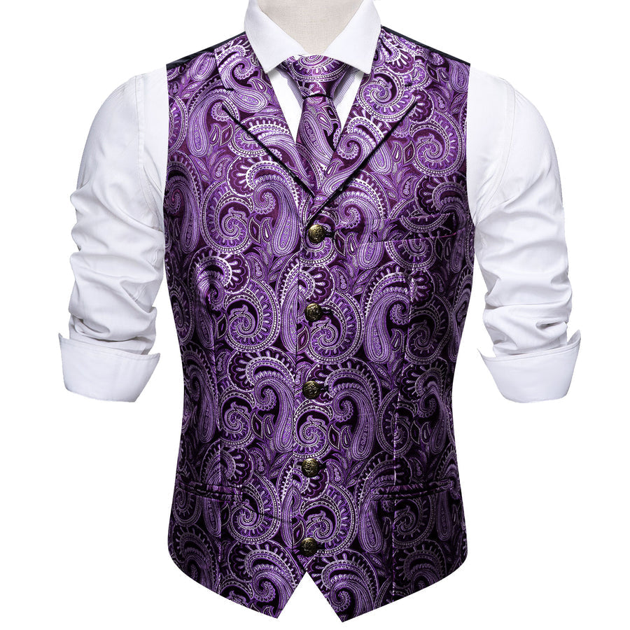 Purple White Paisley Metal Button Jacquard Silk Vest Set vest set    - Sophisticated Gentlemen
