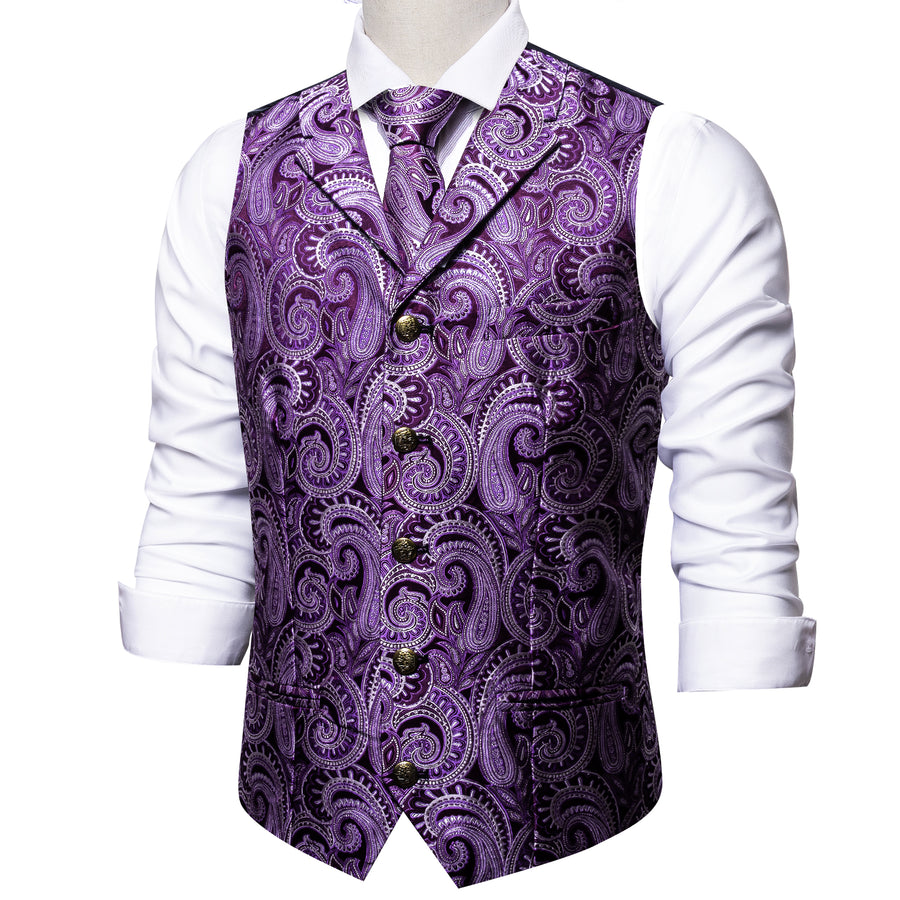 Purple White Paisley Metal Button Jacquard Silk Vest Set vest set    - Sophisticated Gentlemen