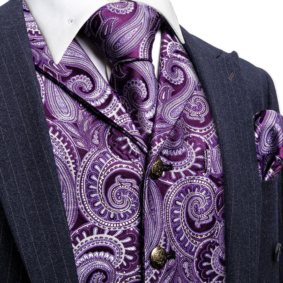 Purple White Paisley Metal Button Jacquard Silk Vest Set vest set S (Chest 40")   - Sophisticated Gentlemen