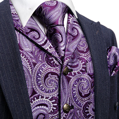 Purple White Paisley Metal Button Jacquard Silk Vest Set vest set S (Chest 40")   - Sophisticated Gentlemen