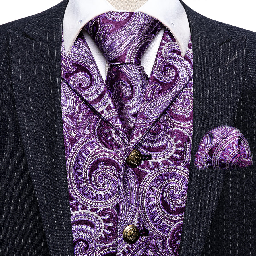 Purple White Paisley Metal Button Jacquard Silk Vest Set vest set    - Sophisticated Gentlemen