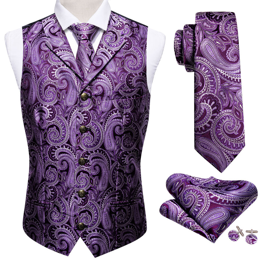 Purple White Paisley Metal Button Jacquard Silk Vest Set vest set    - Sophisticated Gentlemen
