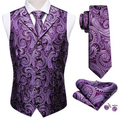 Purple White Paisley Metal Button Jacquard Silk Vest Set vest set    - Sophisticated Gentlemen
