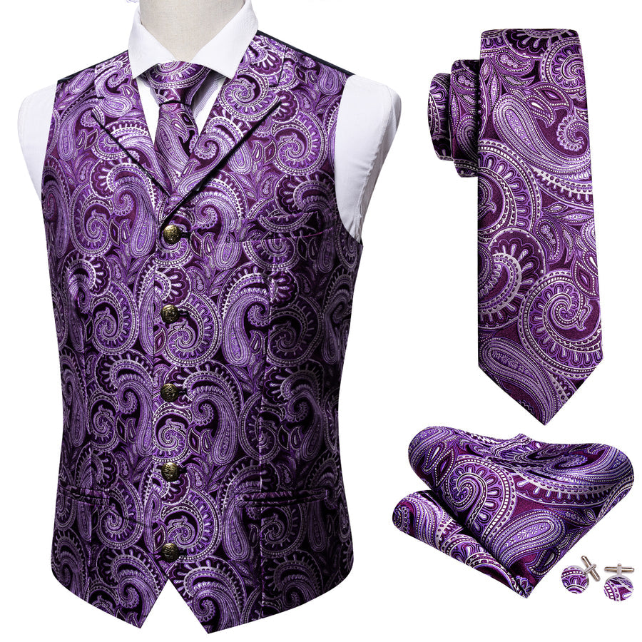 Purple White Paisley Metal Button Jacquard Silk Vest Set vest set    - Sophisticated Gentlemen