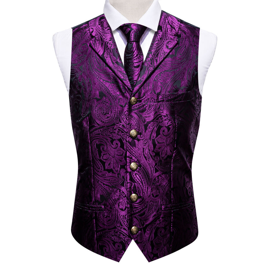 Black Purple Paisley Metal Button Jacquard Silk Men's Vest Set vest set    - Sophisticated Gentlemen