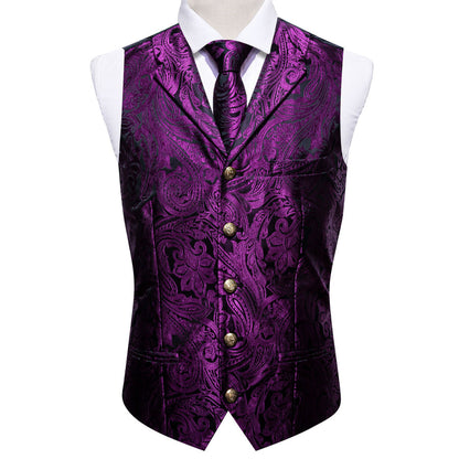 Black Purple Paisley Metal Button Jacquard Silk Men's Vest Set vest set    - Sophisticated Gentlemen