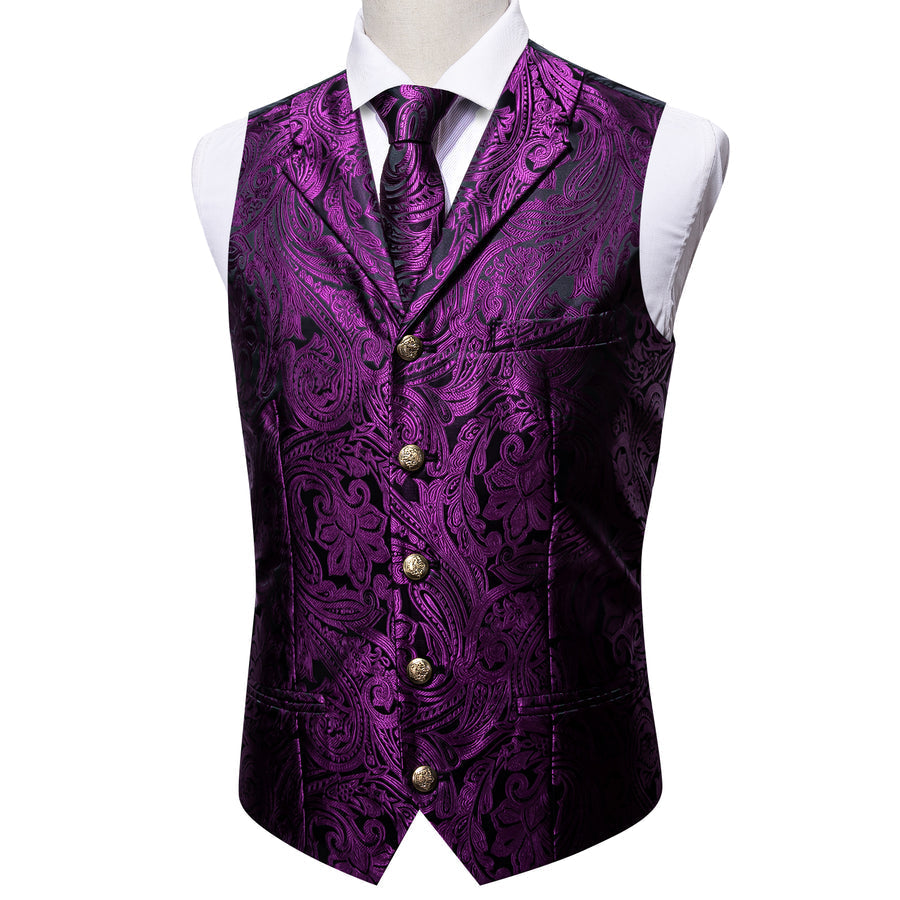 Black Purple Paisley Metal Button Jacquard Silk Men's Vest Set vest set    - Sophisticated Gentlemen