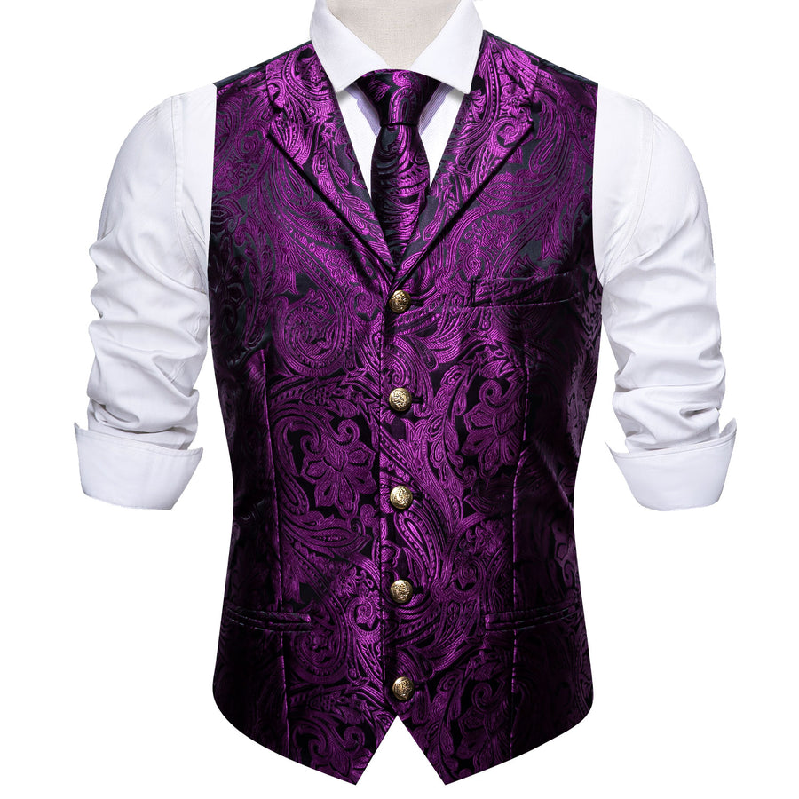 Black Purple Paisley Metal Button Jacquard Silk Men's Vest Set vest set    - Sophisticated Gentlemen