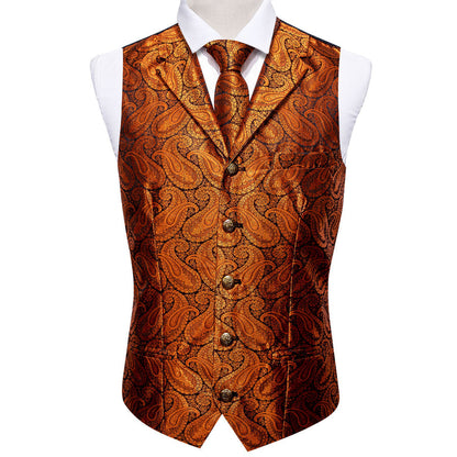 Orange Paisley Silk Vest Set with Metal Buttons vest set    - Sophisticated Gentlemen