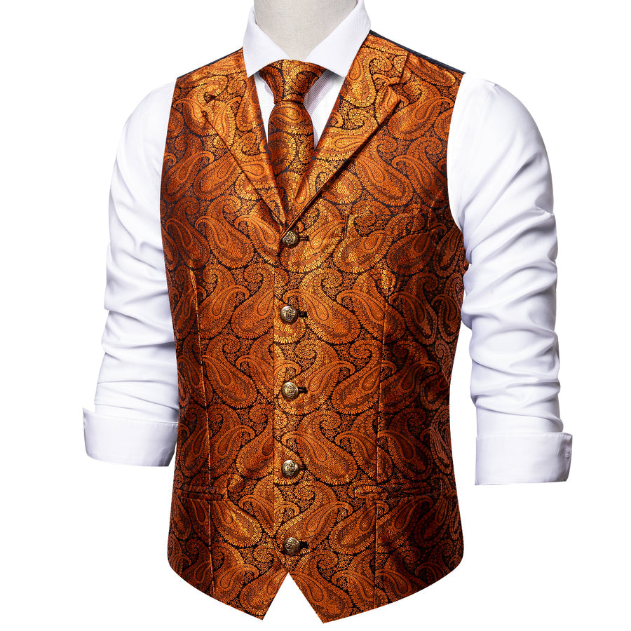 Orange Paisley Silk Vest Set with Metal Buttons vest set S (Chest 40")   - Sophisticated Gentlemen
